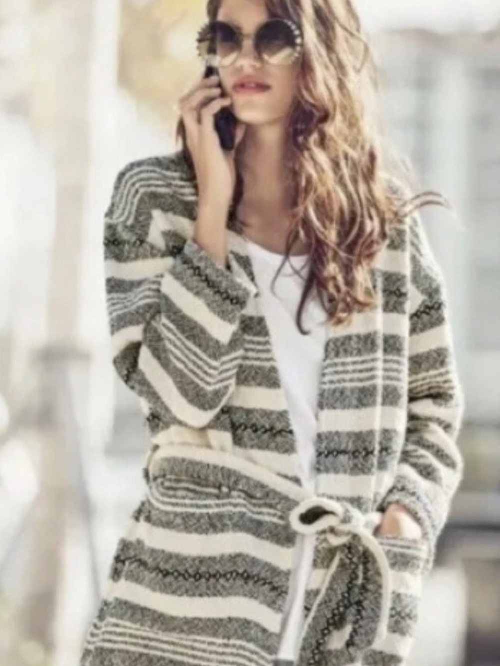 Eileen Fisher Striped Tie-Waist Organic Cotton Blanket Cardigan Belted Jacket
